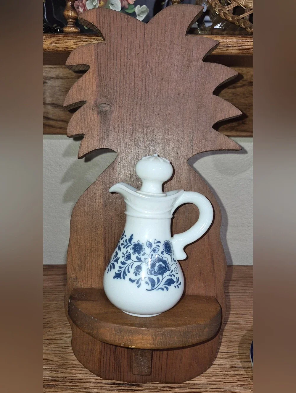 Hand-Carved Wooden Pineapple wall mount featuring a brown stain and Lower Shelf